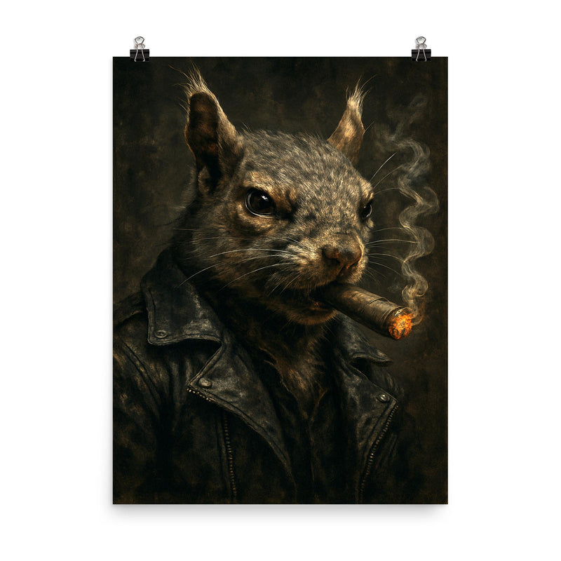 Gangster squirrel smoking a cigar poster on a plain backdrop in size 8