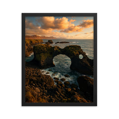 Gatklettur Sea Arch Arnarstapi Iceland framed print on a plain backdrop in size 16"x20".