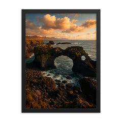 Gatklettur Sea Arch Arnarstapi Iceland framed print on a plain backdrop in size 18"x24".