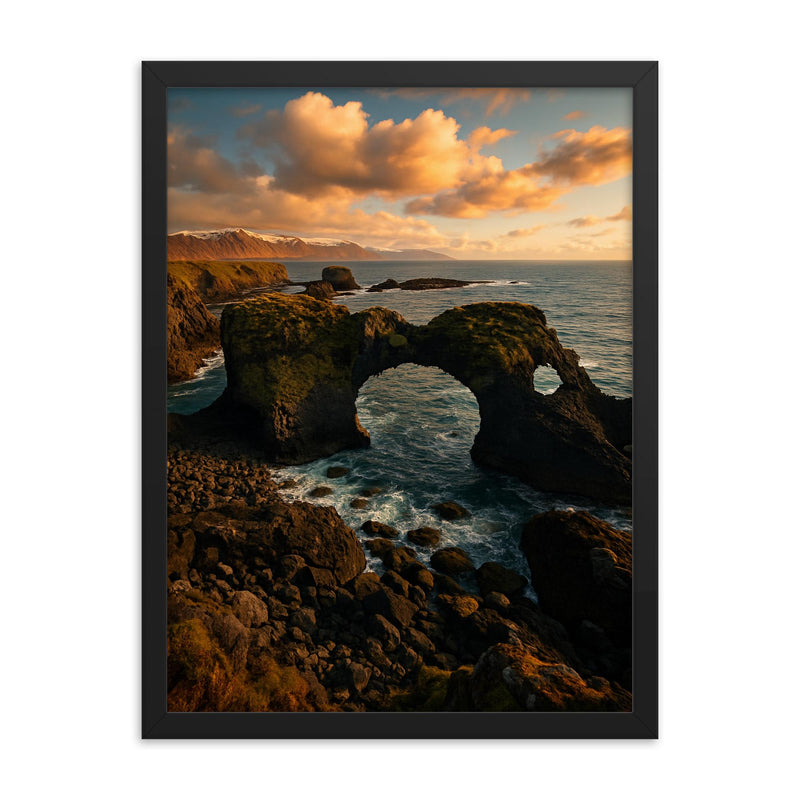 Gatklettur Sea Arch Arnarstapi Iceland framed print on a plain backdrop in size 18