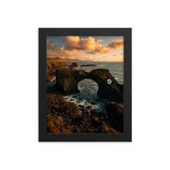 Gatklettur Sea Arch Arnarstapi Iceland framed print on a plain backdrop in size 8"x10".