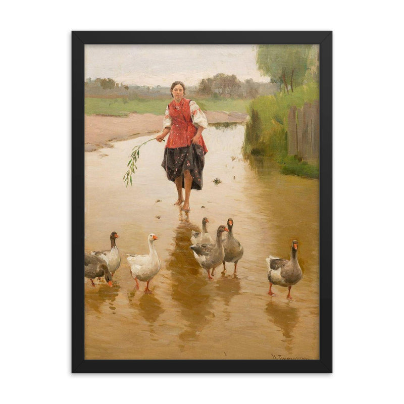 Geese, Let's Go Home by Mykola Pymonenko, 1911 framed print on a plain backdrop in size 18