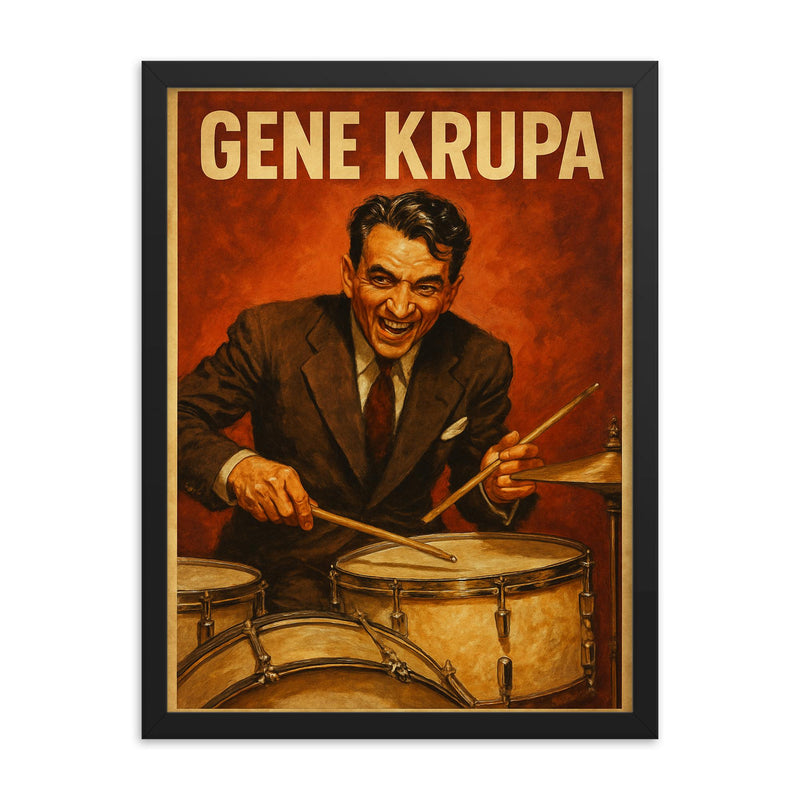 Gene Krupa framed print on a plain backdrop in size 18