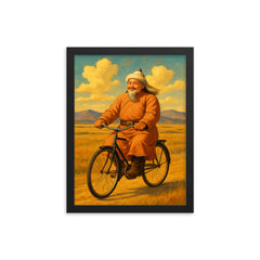 Genghis Khan looking content while riding a vintage bicycle across the steppe framed print on a plain backdrop in size 12"x16".