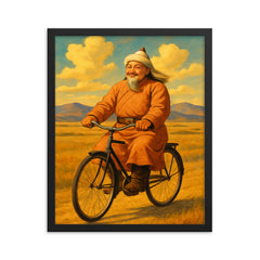 Genghis Khan looking content while riding a vintage bicycle across the steppe framed print on a plain backdrop in size 16"x20".
