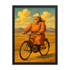 Genghis Khan looking content while riding a vintage bicycle across the steppe framed print on a plain backdrop in size 18"x24".