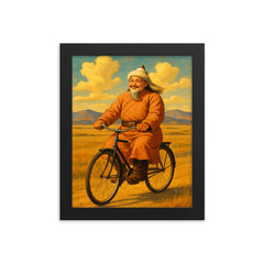 Genghis Khan looking content while riding a vintage bicycle across the steppe framed print on a plain backdrop in size 8"x10".