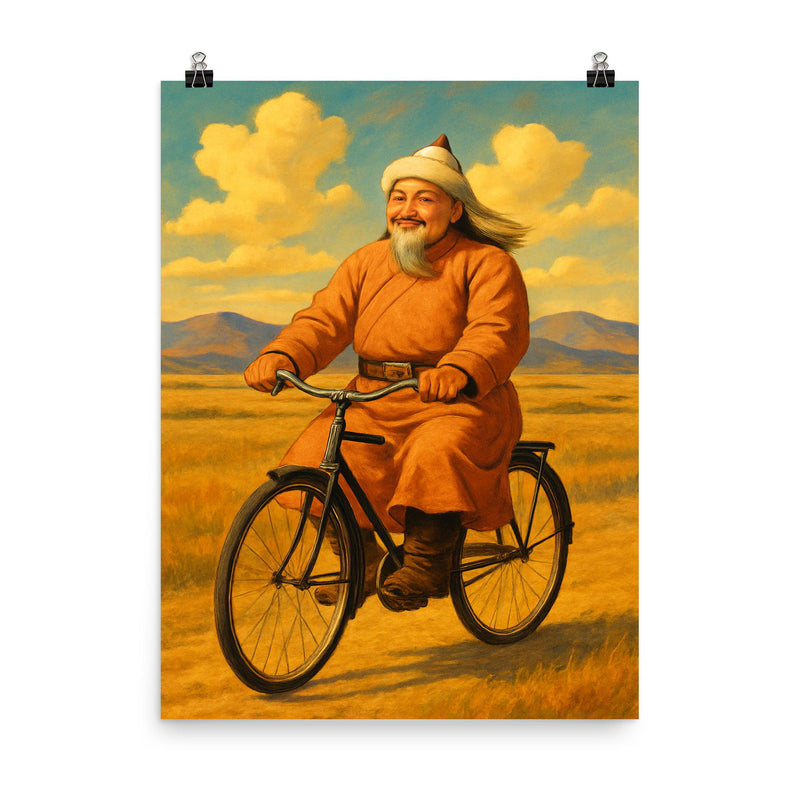 Genghis Khan looking content while riding a vintage bicycle across the steppe poster on a plain backdrop in size 8