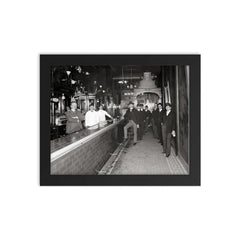 Gentlemen at the bar - a group of gentlemen drinking at a bar pose for a portrait, Dayton, Ohio, 1910 framed print on a plain backdrop in size 8"x10".