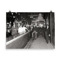Gentlemen at the bar - a group of gentlemen drinking at a bar pose for a portrait, Dayton, Ohio, 1910 poster on a plain backdrop in size 8"x10".