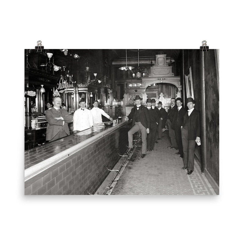 Gentlemen at the bar - a group of gentlemen drinking at a bar pose for a portrait, Dayton, Ohio, 1910 poster on a plain backdrop in size 8