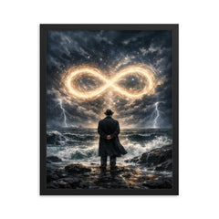 Georg Cantor facing infinity on storm black shore framed print on a plain backdrop in size 16"x20".
