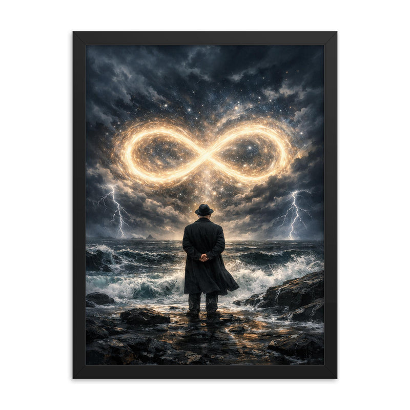 Georg Cantor facing infinity on storm black shore framed print on a plain backdrop in size 18