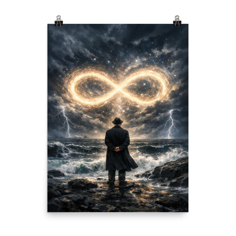 Georg Cantor facing infinity on storm black shore poster on a plain backdrop in size 8