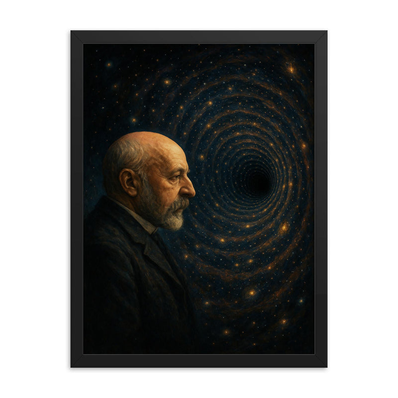 Georg Cantor staring into transfinite abyss framed print on a plain backdrop in size 18