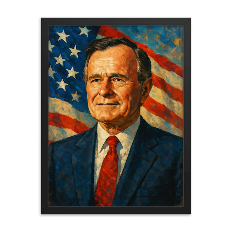 George H W Bush framed print on a plain backdrop in size 18