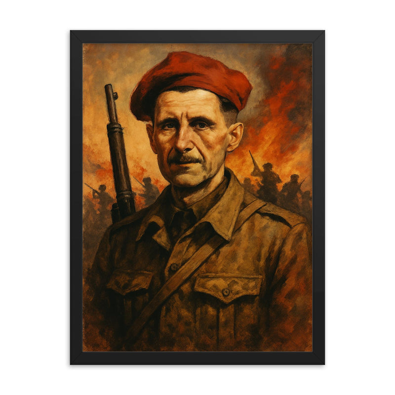 George Orwell in Spanish Civil War framed print on a plain backdrop in size 18