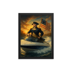 George Washington crossing a river in a modern speedboat instead of a rowboat framed print on a plain backdrop in size 12"x16".