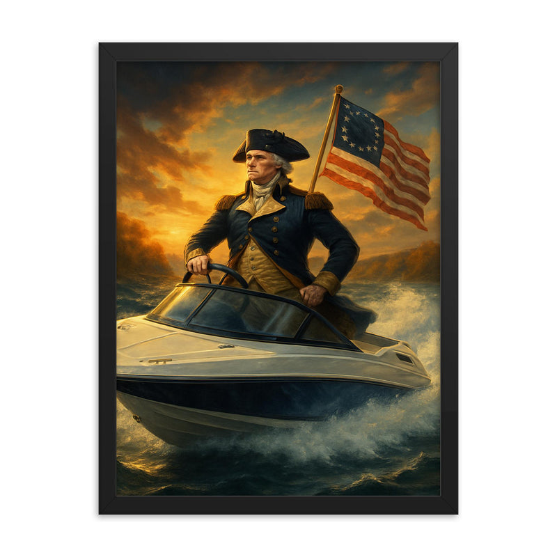 George Washington crossing a river in a modern speedboat instead of a rowboat framed print on a plain backdrop in size 18