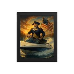 George Washington crossing a river in a modern speedboat instead of a rowboat framed print on a plain backdrop in size 8"x10".