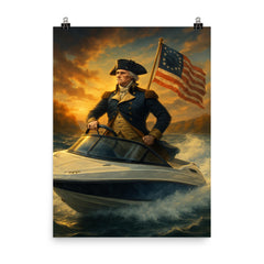 George Washington crossing a river in a modern speedboat instead of a rowboat poster on a plain backdrop in size 8"x10".