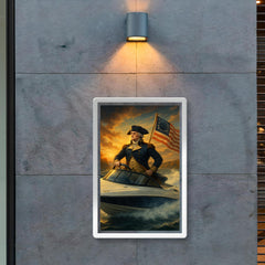 George Washington crossing a river in a modern speedboat instead of a rowboat poster 2