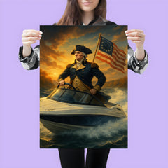 George Washington crossing a river in a modern speedboat instead of a rowboat poster 3