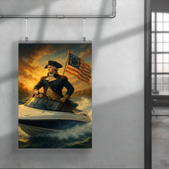 George Washington crossing a river in a modern speedboat instead of a rowboat poster 4
