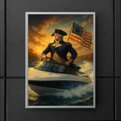 George Washington crossing a river in a modern speedboat instead of a rowboat poster 5