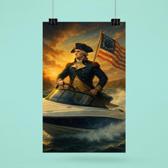 George Washington crossing a river in a modern speedboat instead of a rowboat poster 6