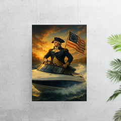 George Washington crossing a river in a modern speedboat instead of a rowboat poster 7