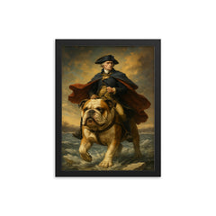 George Washington crossing the Delaware riding a giant bulldog framed print on a plain backdrop in size 12"x16".