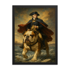 George Washington crossing the Delaware riding a giant bulldog framed print on a plain backdrop in size 18"x24".