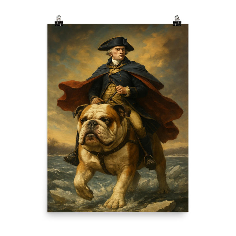 George Washington crossing the Delaware riding a giant bulldog poster on a plain backdrop in size 8