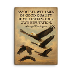 George Washington quote associate with good men eagle flying with noble birds inspiring canvas print on a plain backdrop in size 18"x24".