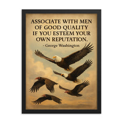 George Washington quote associate with good men eagle flying with noble birds inspiring framed print on a plain backdrop in size 18"x24".
