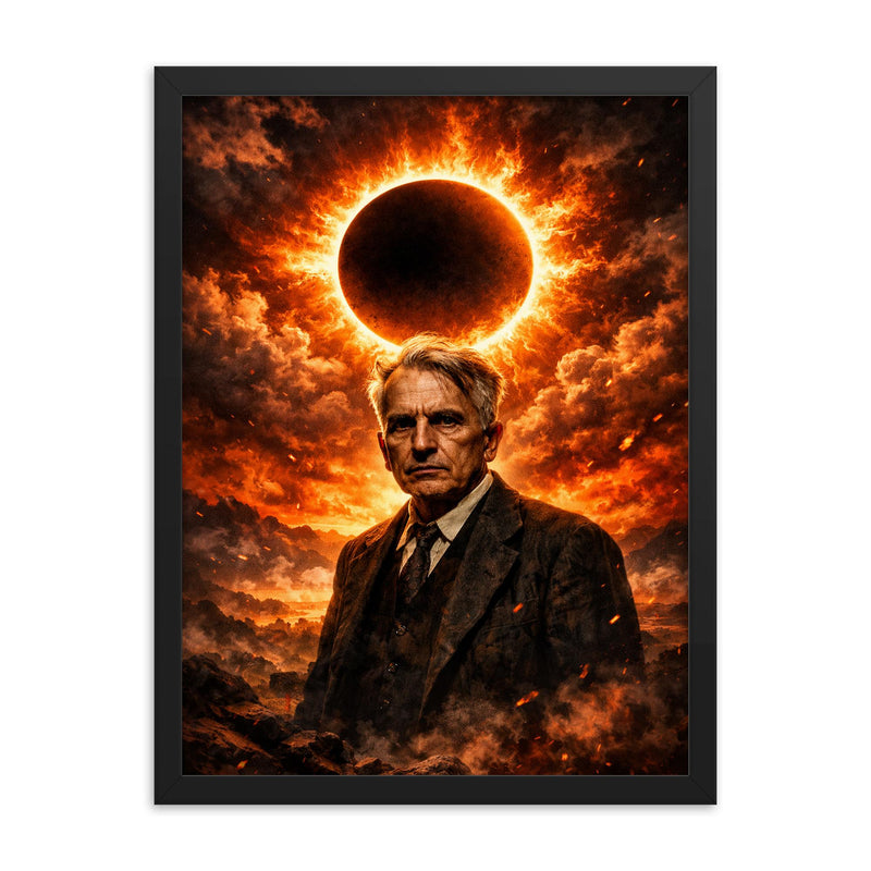 Georges Bataille before solar eclipse blaze framed print on a plain backdrop in size 18