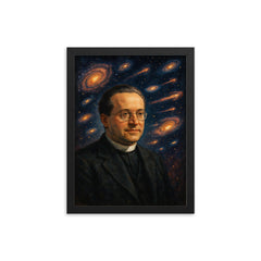 Georges Lemaître and expanding galaxies framed print on a plain backdrop in size 12"x16".