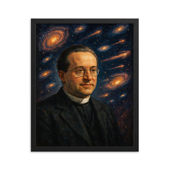 Georges Lemaître and expanding galaxies framed print on a plain backdrop in size 16"x20".
