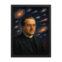 Georges Lemaître and expanding galaxies framed print on a plain backdrop in size 18"x24".