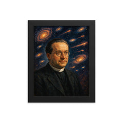 Georges Lemaître and expanding galaxies framed print on a plain backdrop in size 8"x10".