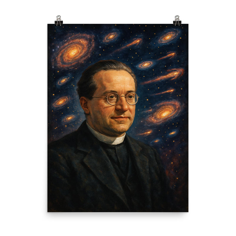Georges Lemaître and expanding galaxies poster on a plain backdrop in size 8