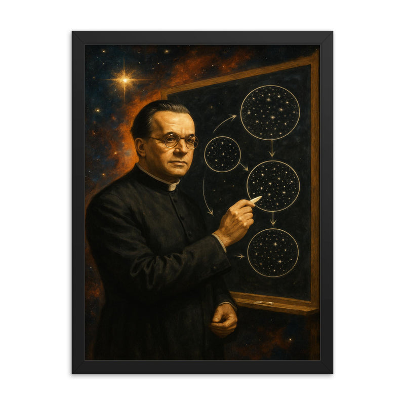 Georges Lemaitre before expanding cosmos diagrams framed print on a plain backdrop in size 18