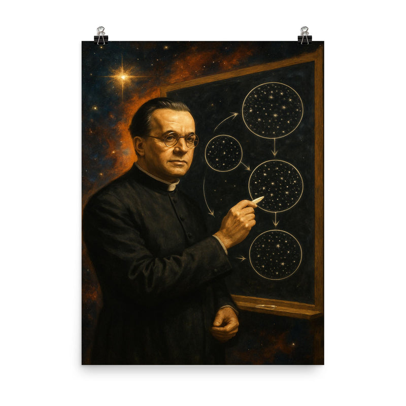 Georges Lemaitre before expanding cosmos diagrams poster on a plain backdrop in size 8
