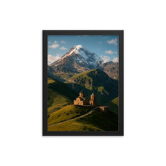 Gergeti Trinity Church and Mount Kazbek Georgia framed print on a plain backdrop in size 12"x16".