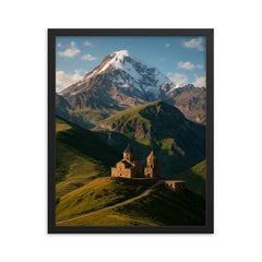 Gergeti Trinity Church and Mount Kazbek Georgia framed print on a plain backdrop in size 16"x20".