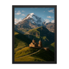 Gergeti Trinity Church and Mount Kazbek Georgia framed print on a plain backdrop in size 18"x24".