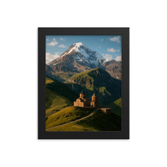 Gergeti Trinity Church and Mount Kazbek Georgia framed print on a plain backdrop in size 8"x10".