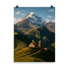 Gergeti Trinity Church and Mount Kazbek Georgia poster on a plain backdrop in size 8"x10".