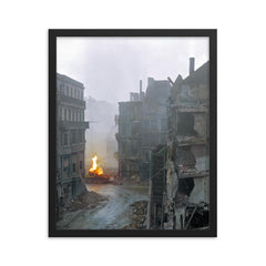 German Panther Tank Burning During the Battle of Cologne, March 1945 framed print on a plain backdrop in size 16"x20".